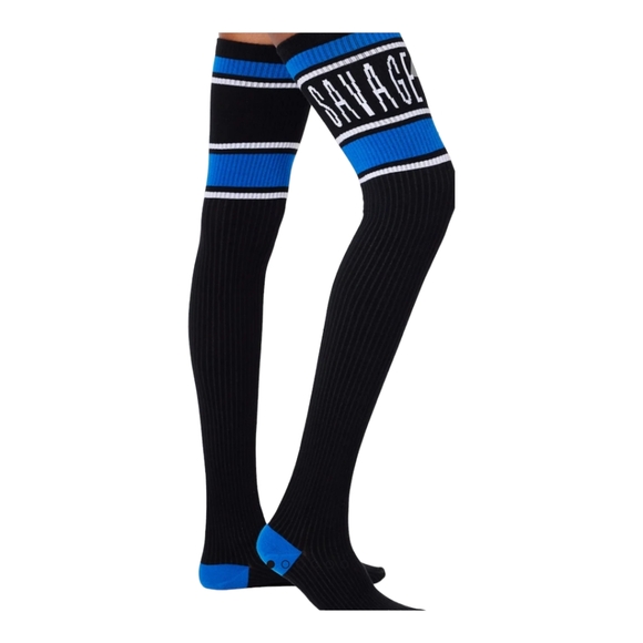 SAVAGE X FENTY CLASSIX THIGH- HIGH SOCKS - BLACK CAVIAR / SKY HIGH BLUE SZ M/L - Picture 3 of 11